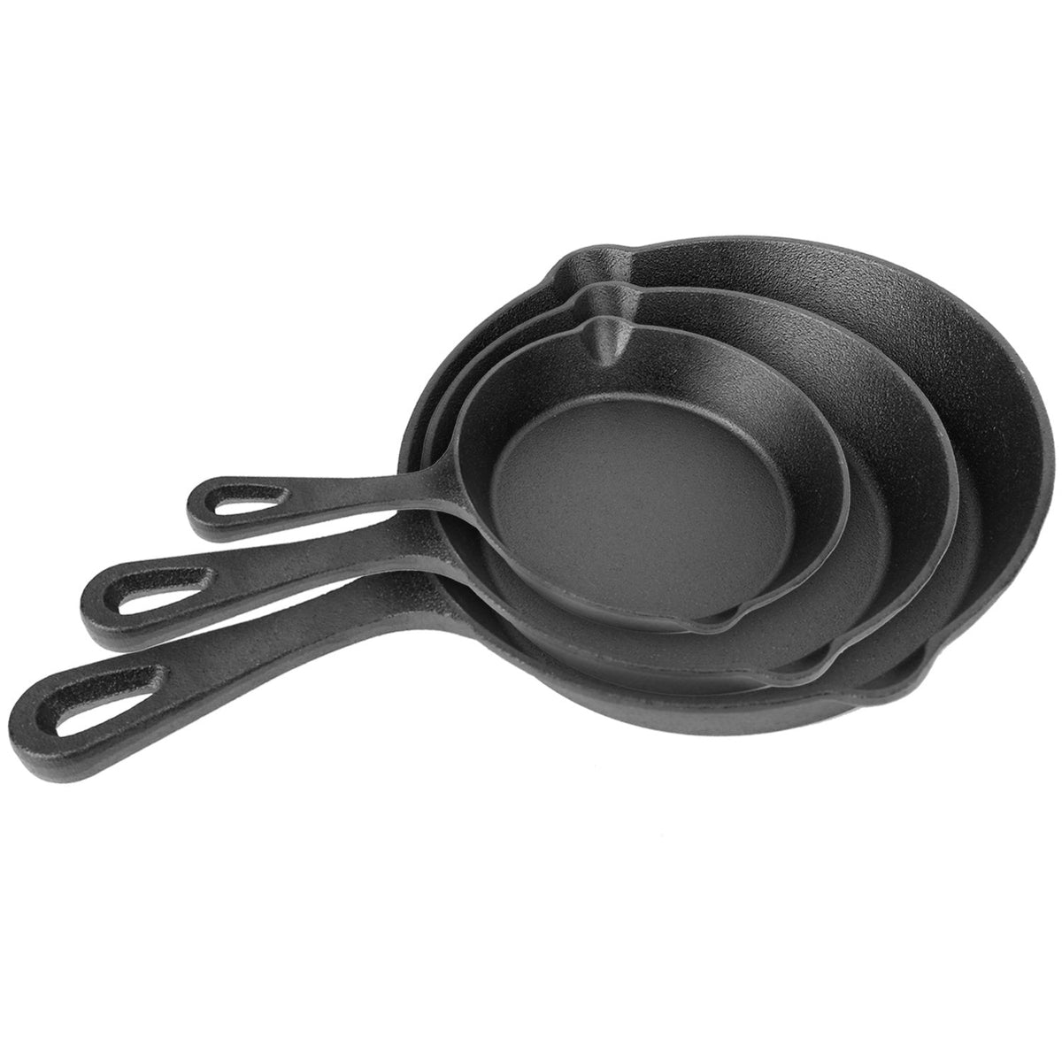 3-piece pre-seasoned cast iron skillet set 6/8/10in Mercantile Mountain black skillets on Tampa Home & Garden Store