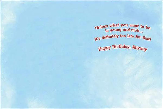 Birthday Card Never Too Late for You with blue sky background and curved red text on Tampa Home & Garden Store
