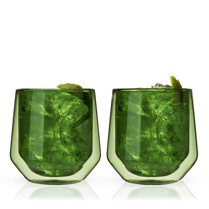 Set of Bottle Green Double Wall Lowball Glasses