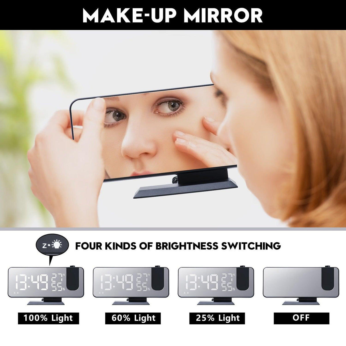 Make-up mirror close-up showing a woman's eye reflection and brightness switching options below on Tampa Home & Garden Store