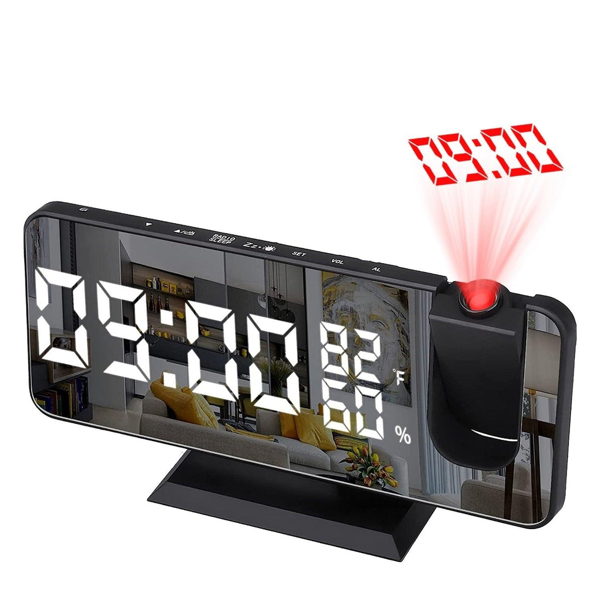 Dual alarm digital clock with ceiling projection, large mirrored LED display, USB charging on Tampa Home & Garden Store