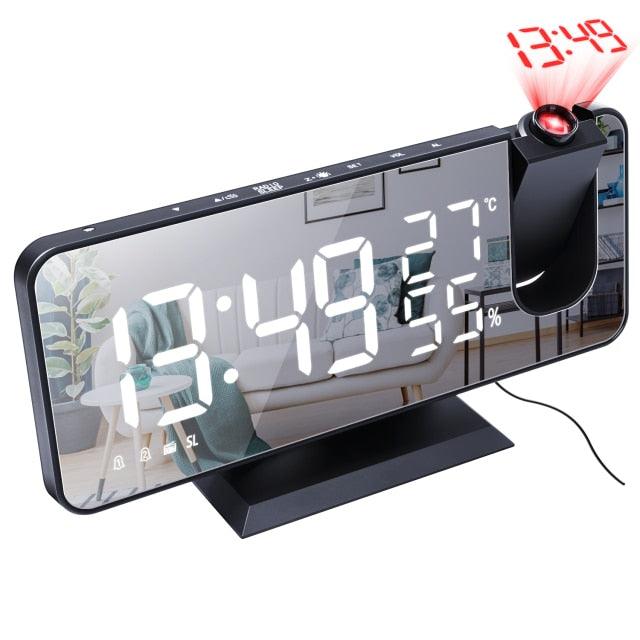 Stevvex dual loud smart alarm clock with projection, black mirror LED display and USB charger on Tampa Home & Garden Store