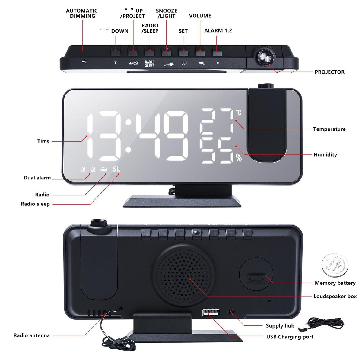 Stevvex dual alarm clock with ceiling projection, USB charger and large mirror LED display on Tampa Home & Garden Store