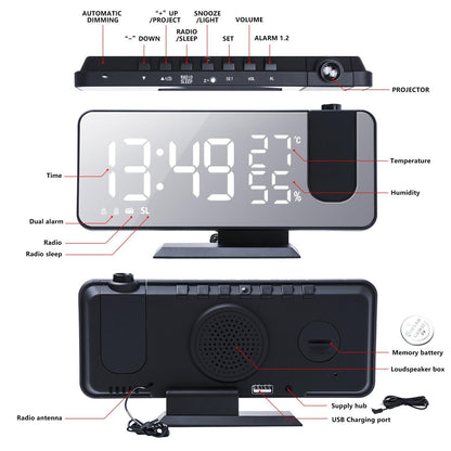 Stevvex dual alarm clock with ceiling projection, USB charger and large mirror LED display on Tampa Home & Garden Store