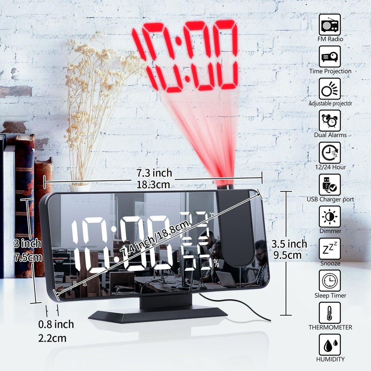 Stevvex black dual alarm clock with LED mirror display and ceiling projection USB charger on Tampa Home & Garden Store