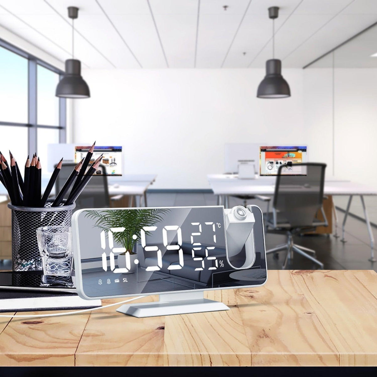 Stevvex dual alarm projection clock with mirror LED display and USB charger on desk on Tampa Home & Garden Store