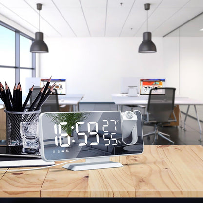 Stevvex dual alarm projection clock with mirror LED display and USB charger on desk on Tampa Home & Garden Store