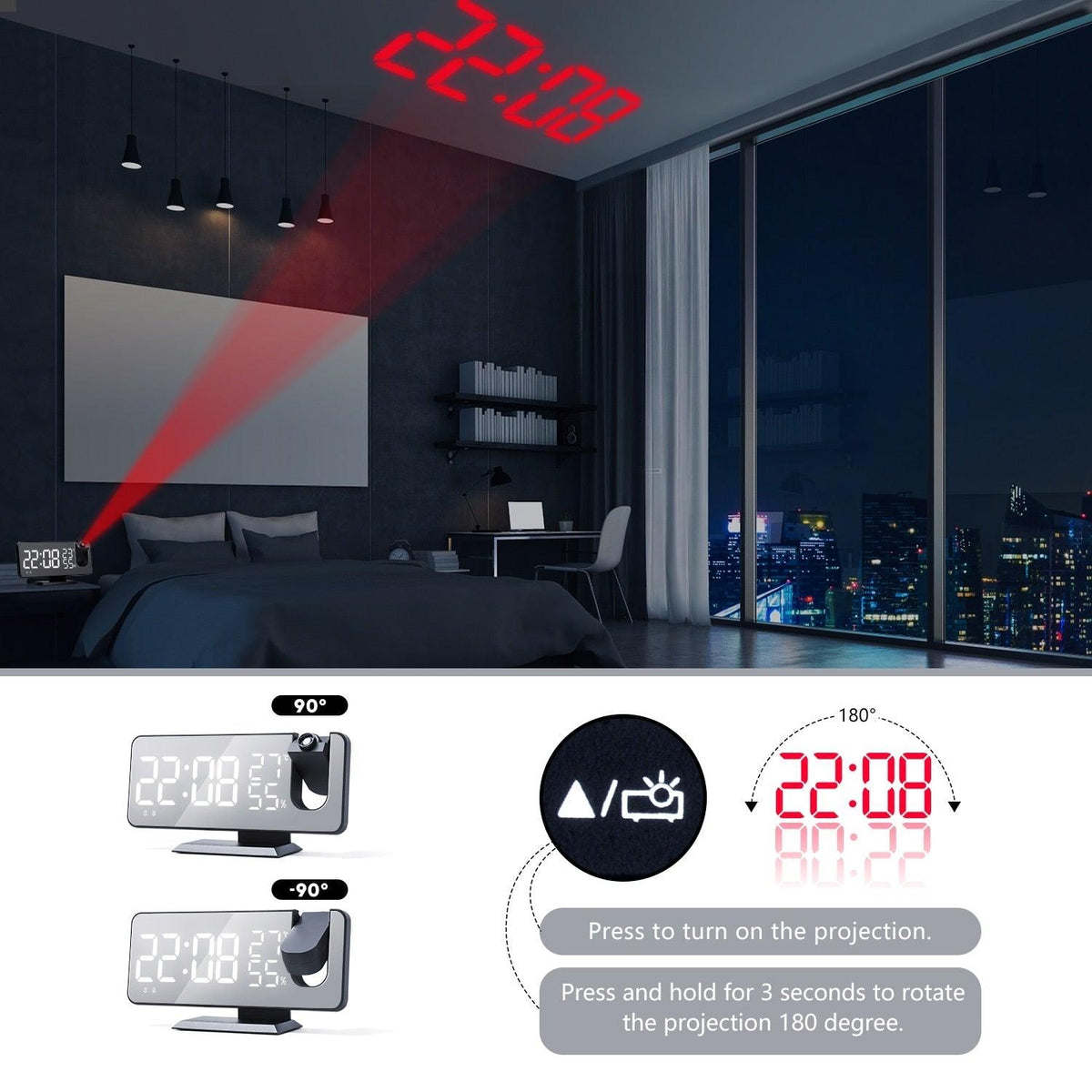 Dual loud smart alarm clock with projection by Stevvex, mirror LED display, USB charger on Tampa Home & Garden Store