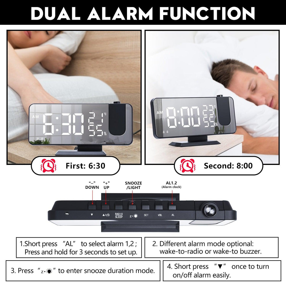 Stevvex dual alarm projection clock with USB charger and large mirror LED display on bedside table on Tampa Home & Garden Store
