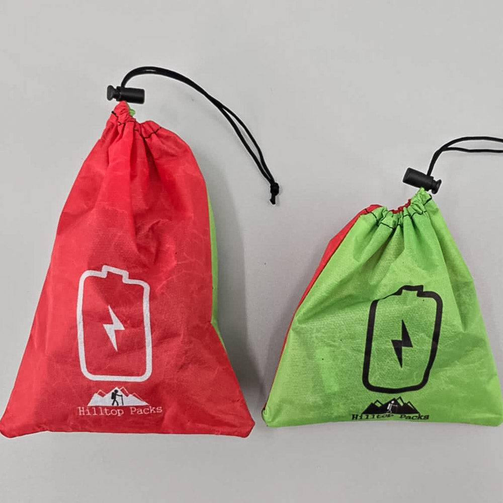 Dual Pocket Battery Bags two red-green drawstring bags with Hilltop Packs camping & hiking on Tampa Home & Garden Store