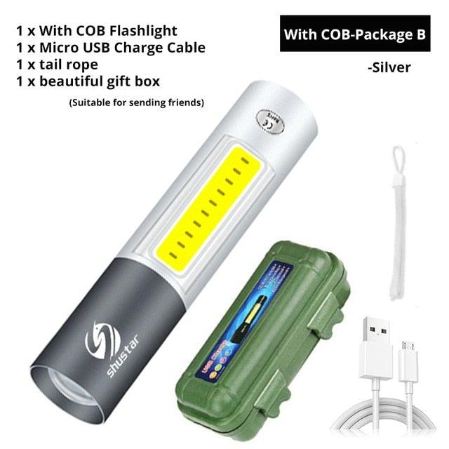 Stevvex dual power LED flashlight with COB, silver, yellow LED strip; USB cable included on Tampa Home & Garden Store