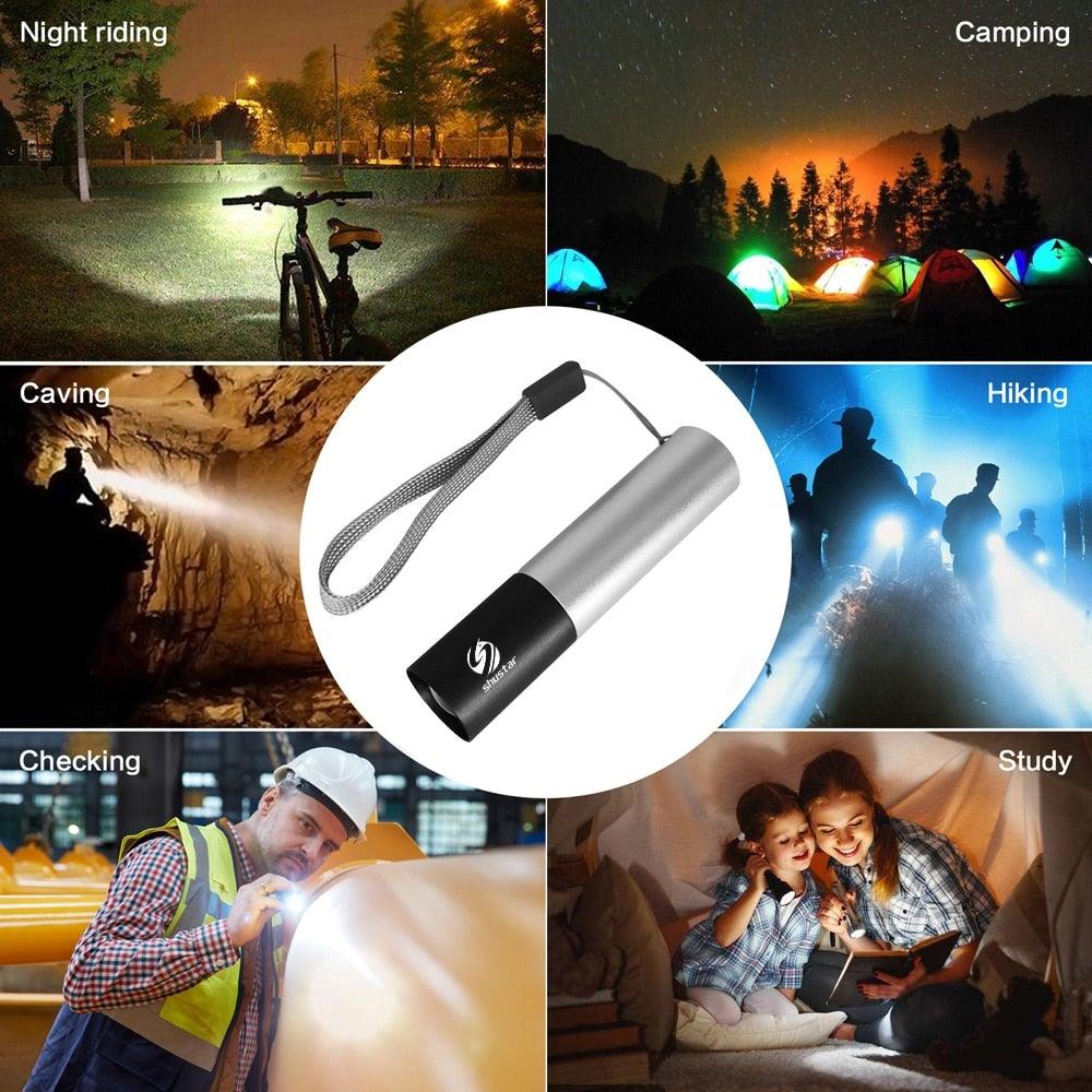 Stevvex Dual Power LED Flashlight, silver body, USB rechargeable, wrist strap, waterproof on Tampa Home & Garden Store