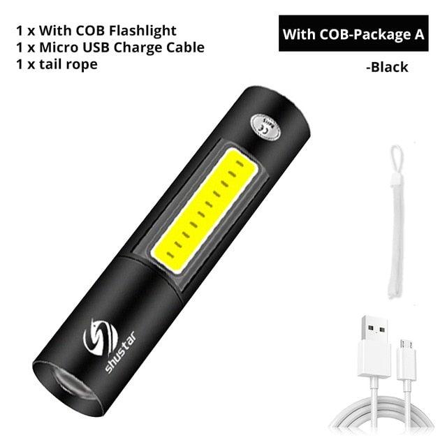 Stevvex black USB rechargeable flashlight with COB yellow panel on Tampa Home & Garden Store