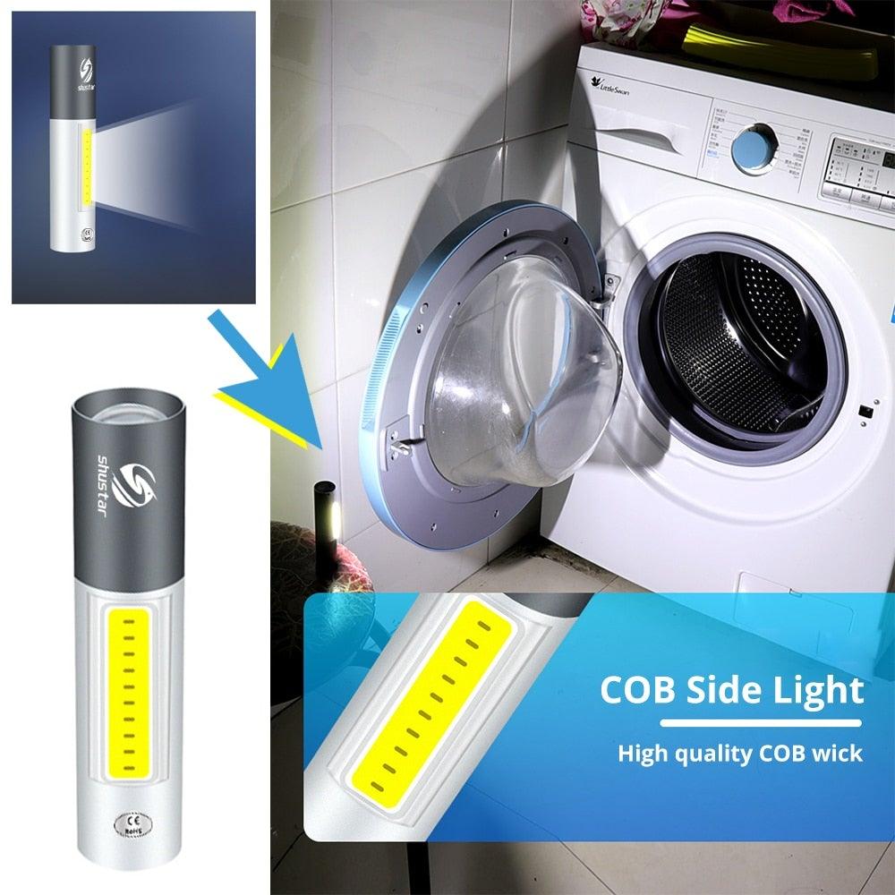Stevvex dual power LED flashlight with COB side light USB rechargeable waterproof zoom on Tampa Home & Garden Store