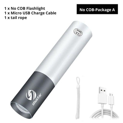 Dual Power LED Flashlight with slide focus USB rechargeable silver body by Shustar on Tampa Home & Garden Store