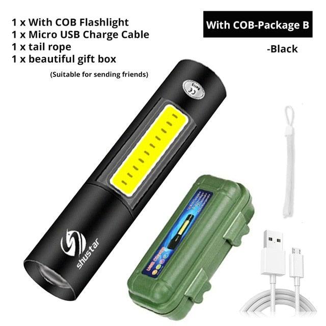 Stevvex flashlight black dual power COB LED with slide focus USB rechargeable on Tampa Home & Garden Store