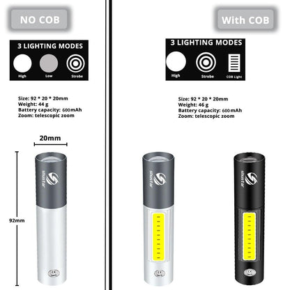 Stevvex Dual Power LED Flashlight 3 shown: NO COB silver left, COB gray/black right on Tampa Home & Garden Store