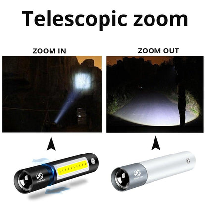 Dual Power LED Flashlight with telescopic zoom, two color variants black-yellow and white-silver on Tampa Home & Garden Store