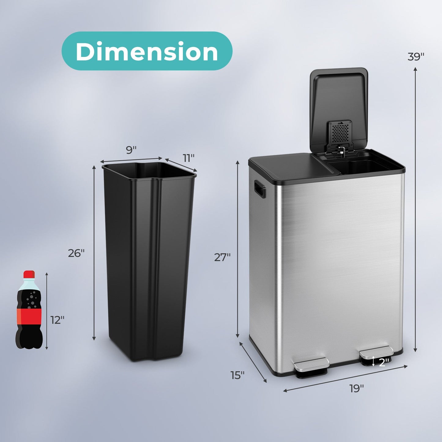 Bote de basura de doble compartimento 2 x 8 galones - Plateado