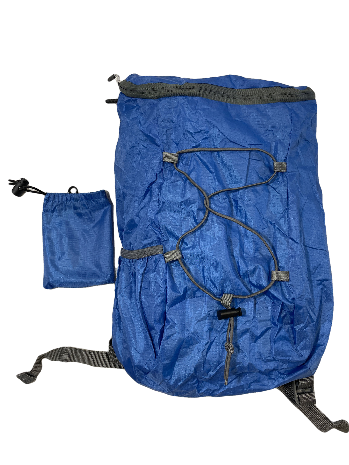 Blue bungee polyester day pack River Country Gear with external front bungee cords on Tampa Home & Garden Store