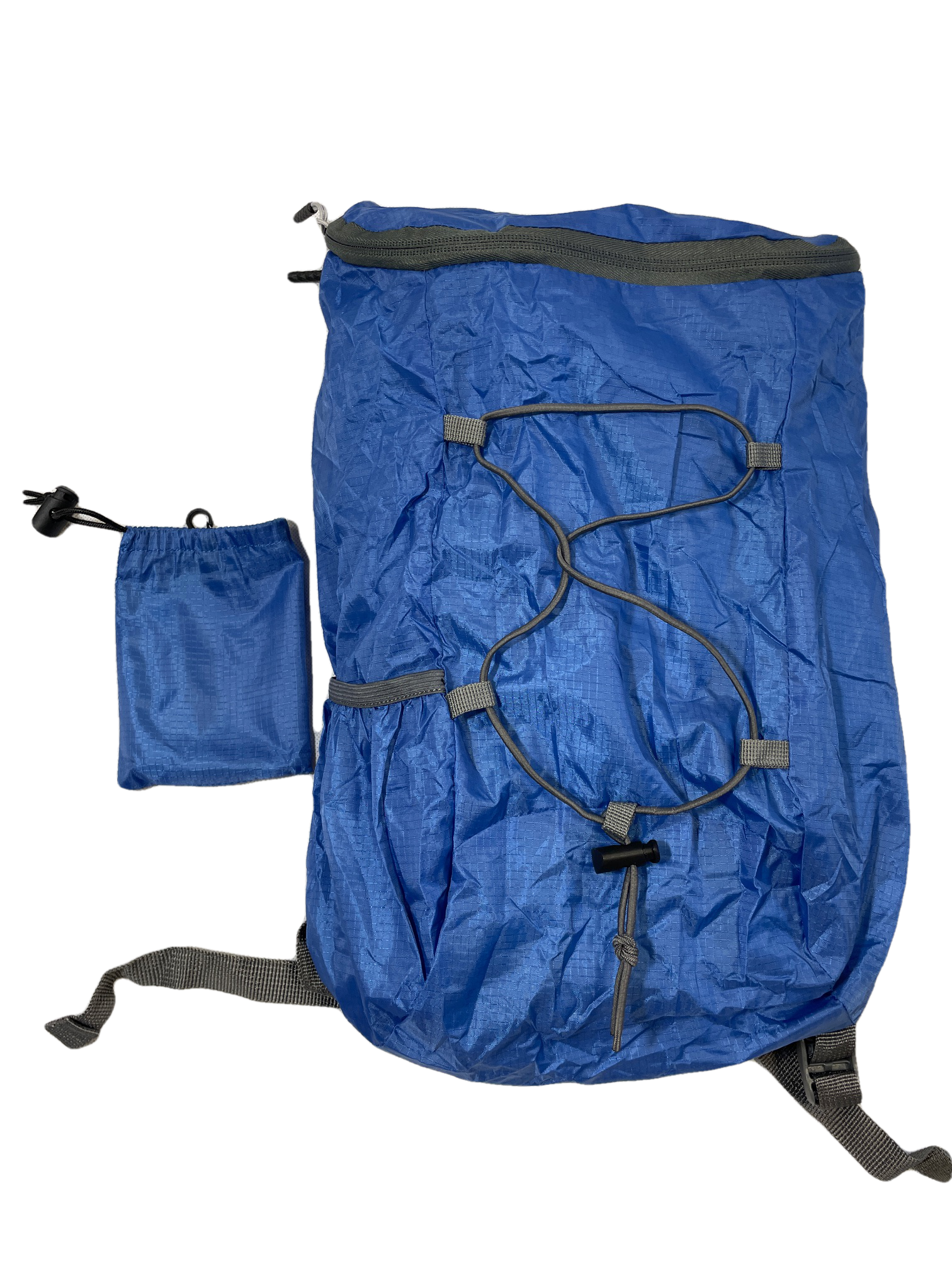 Blue bungee polyester day pack River Country Gear with external front bungee cords on Tampa Home & Garden Store