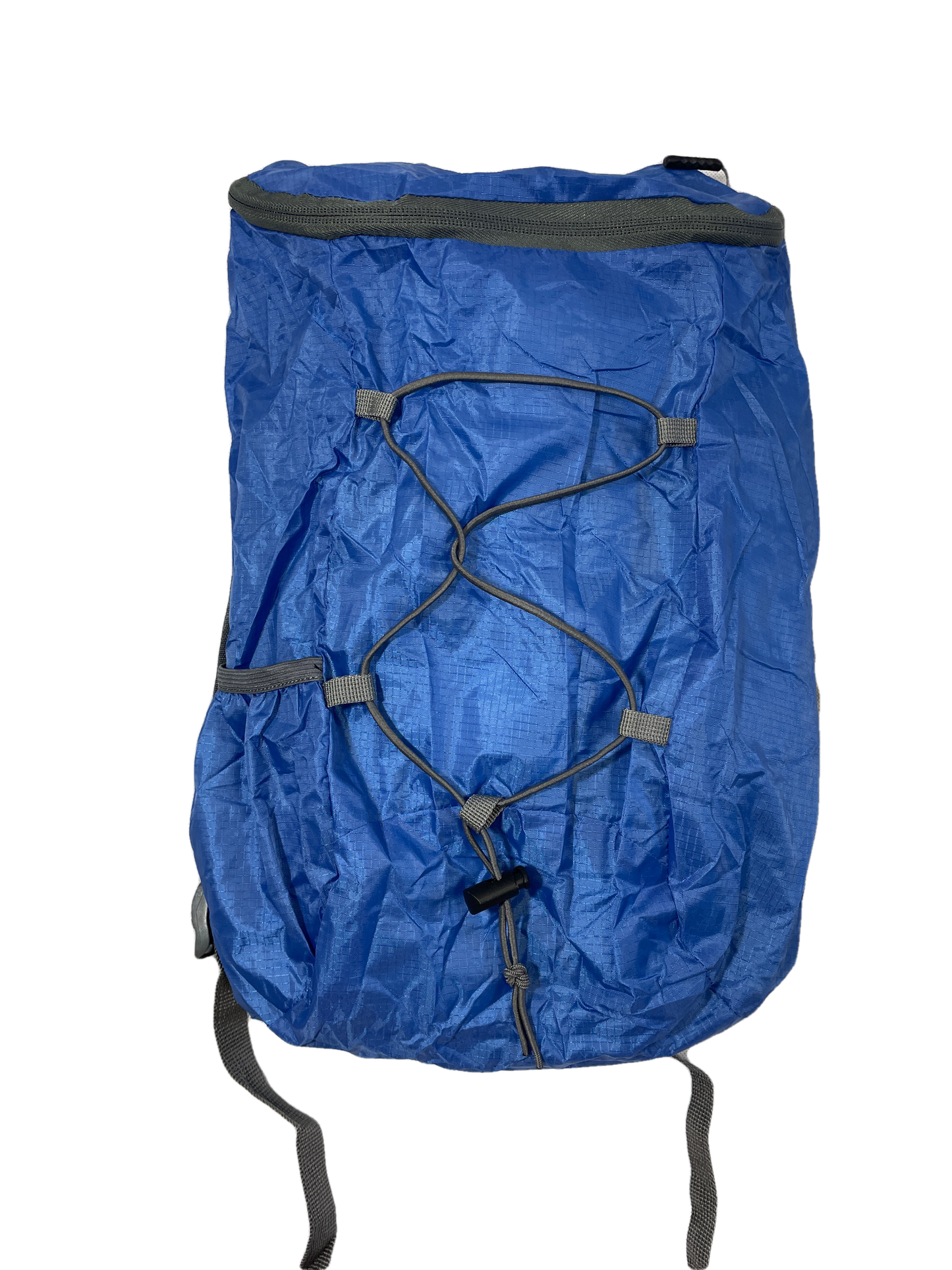 Blue bungee polyester day pack by River Country Gear with black elastic cord lacing on Tampa Home & Garden Store
