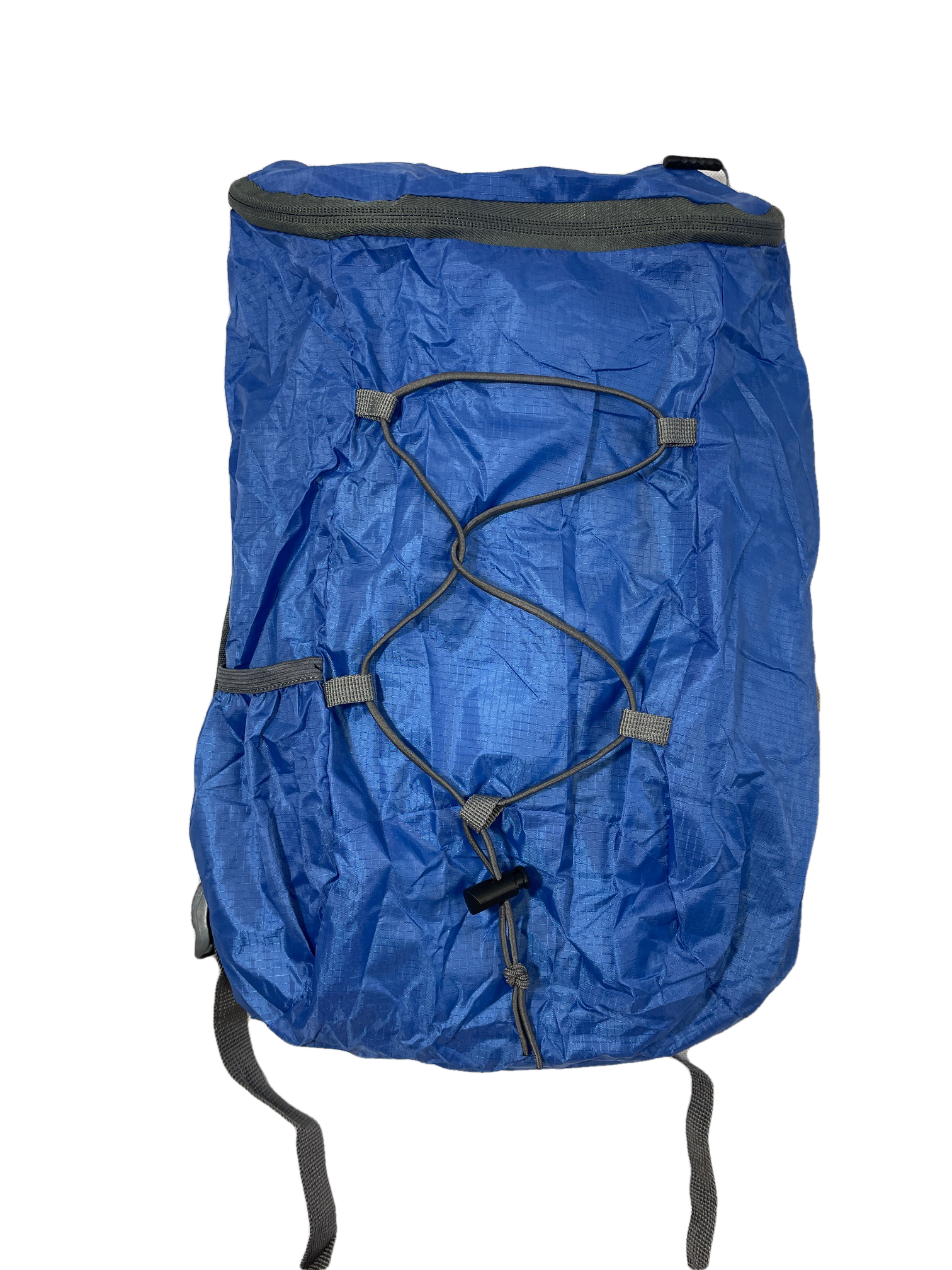 Blue bungee polyester day pack by River Country Gear with black elastic cord lacing on Tampa Home & Garden Store