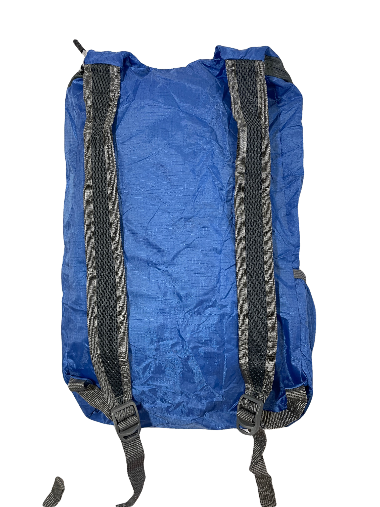 Blue bungee polyester day pack by River Country Gear with padded shoulder straps back view on Tampa Home & Garden Store