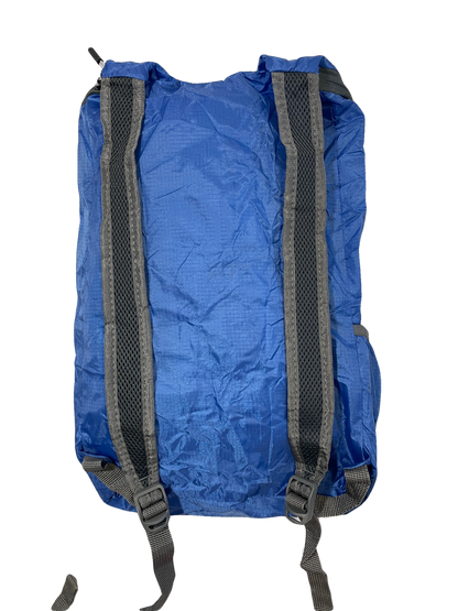 Blue bungee polyester day pack by River Country Gear with padded shoulder straps back view on Tampa Home & Garden Store