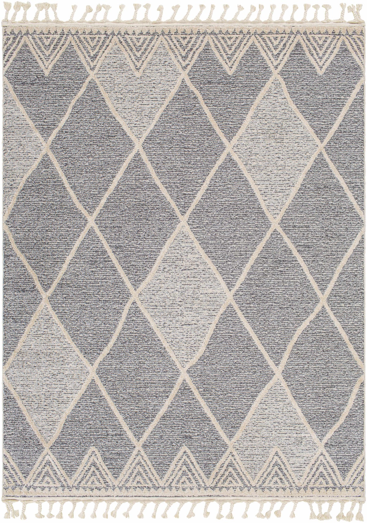 Dumlan Area Rug with gray-blue field and ivory diamond lattice fringe edges on Tampa Home & Garden Store