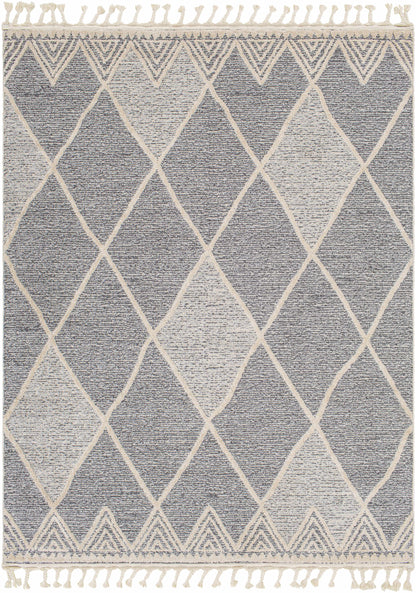 Dumlan Area Rug with gray-blue field and ivory diamond lattice fringe edges on Tampa Home & Garden Store