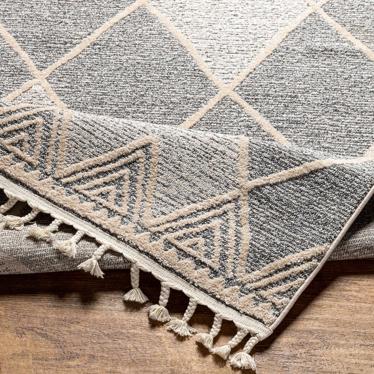 Dumlan Area Carpet rug Boutique Rugs gray beige diamond motif with tassel fringe on Tampa Home & Garden Store