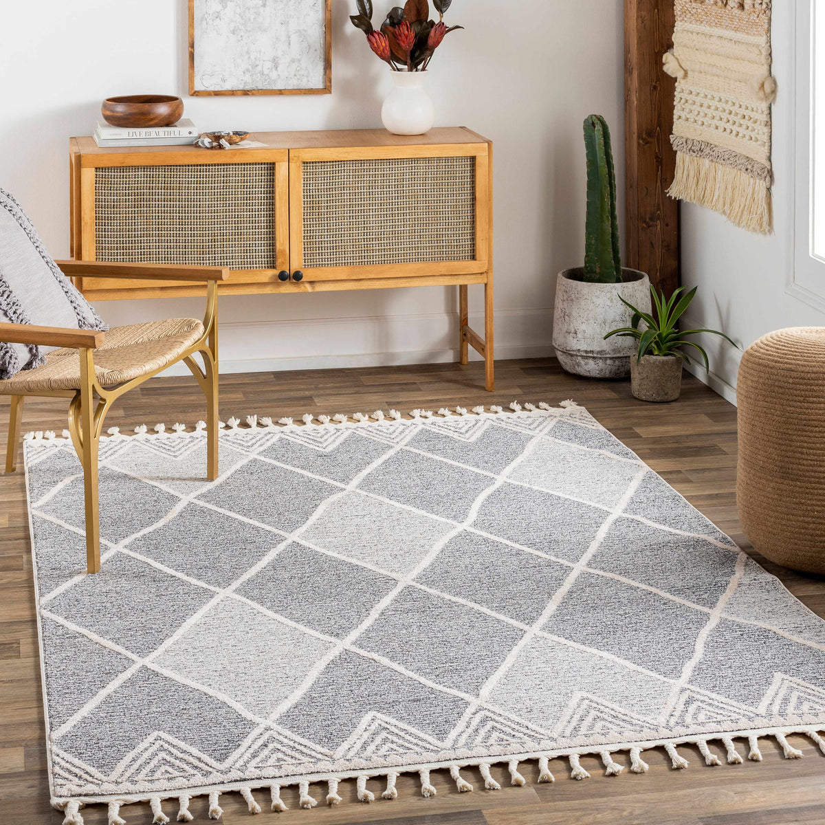 Dumlan Area Carpet rug by Boutique Rugs in light gray with white lattice pattern on Tampa Home & Garden Store