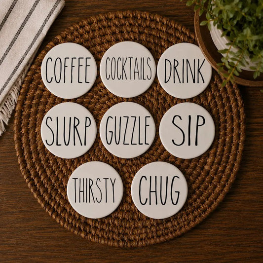 Minimalist One Word Ceramic Coasters 9, white with black words by Gia Roma on Tampa Home & Garden Store