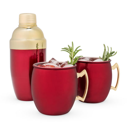 Twine Living Red Mule Mug & Cocktail Shaker Gift Set; 3 red mugs with gold handles and rosemary on Tampa Home & Garden Store