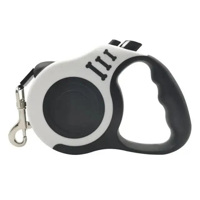 Stevvex retractable dog leash with white and black housing ergonomic grip and metal clip on Tampa Home & Garden Store