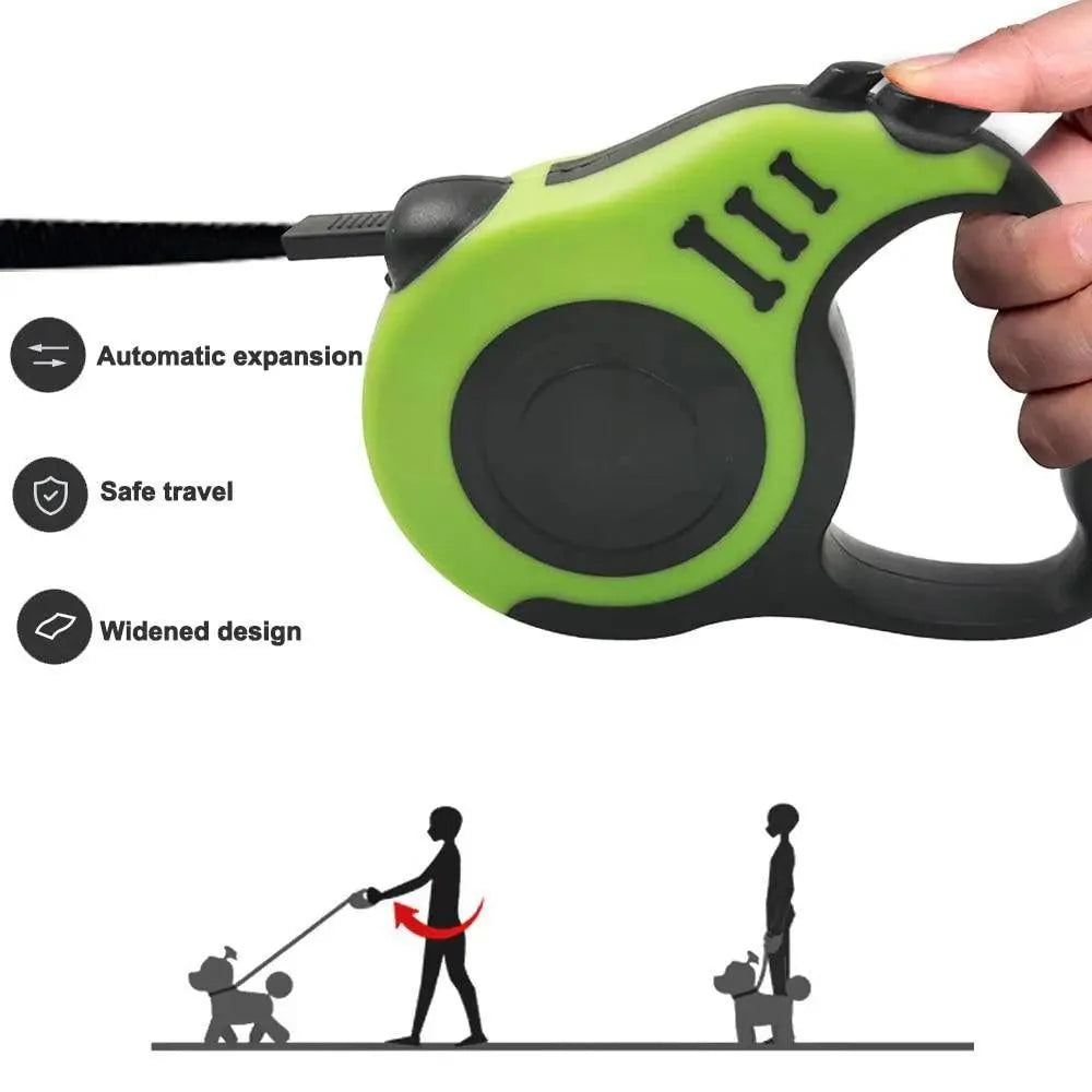 Stevvex retractable dog leash with green housing, comfy grip, auto expansion, safe travel on Tampa Home & Garden Store