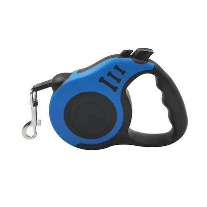 Retractable dog leash by Stevvex in blue with black ergonomic grip and metal clip on Tampa Home & Garden Store