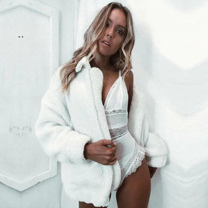 Overcoat Stevvex white faux fur teddy coat, oversized plush warmth on Tampa Home & Garden Store