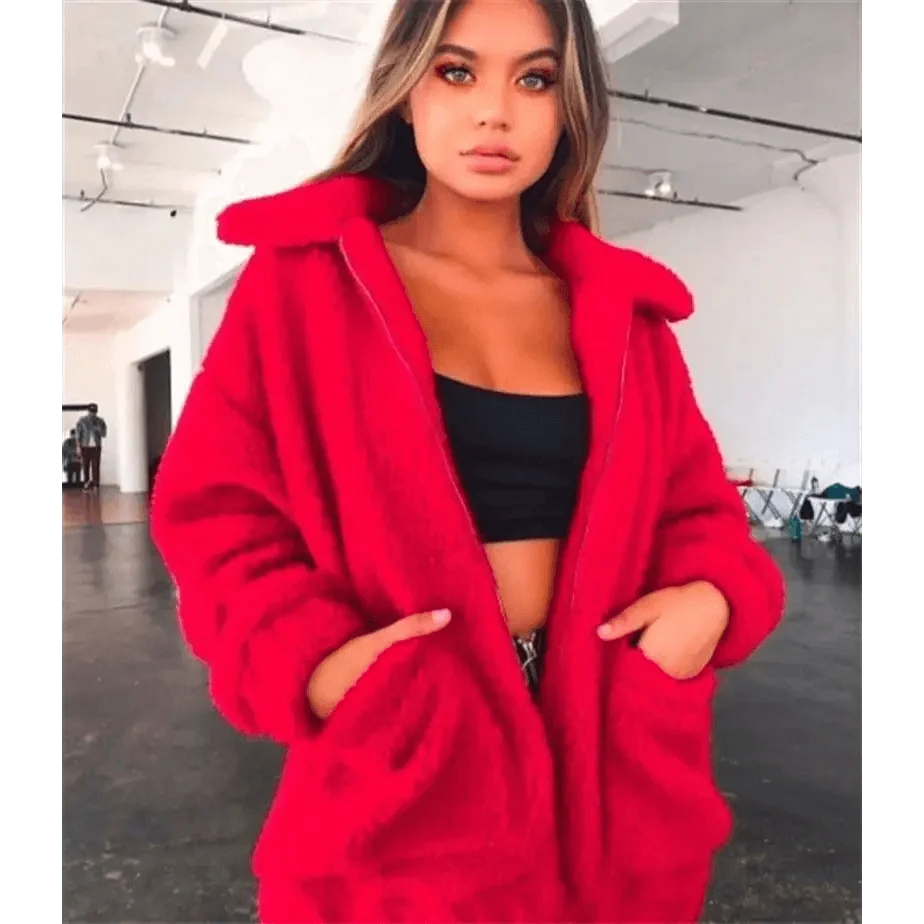 Stevvex red faux fur coat with zip front and large pockets, worn over a black crop top on Tampa Home & Garden Store