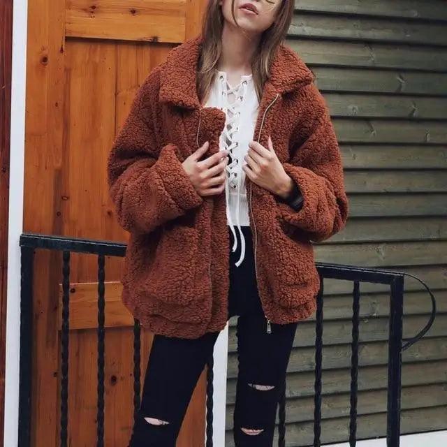 Faux fur teddy coat for women in warm rust brown with zip front and pockets overcoat on Tampa Home & Garden Store