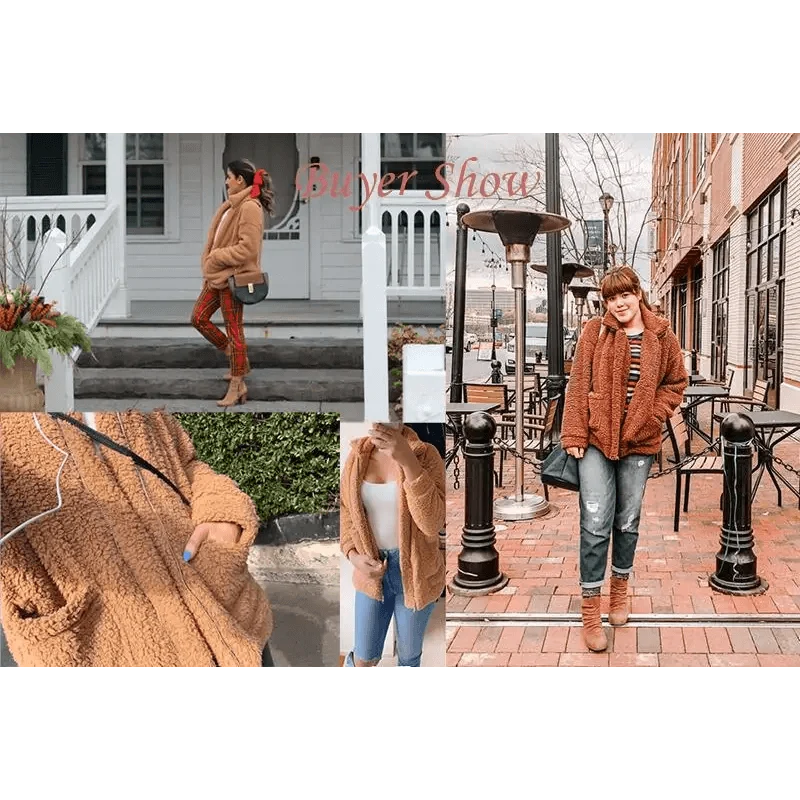 Faux fur teddy coat for women, orange-brown, zipper front, pockets, plus size on Tampa Home & Garden Store