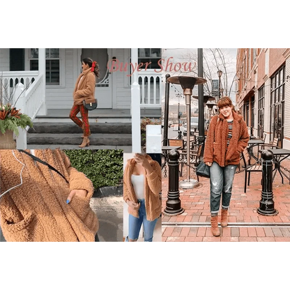 Faux fur teddy coat for women, orange-brown, zipper front, pockets, plus size on Tampa Home & Garden Store
