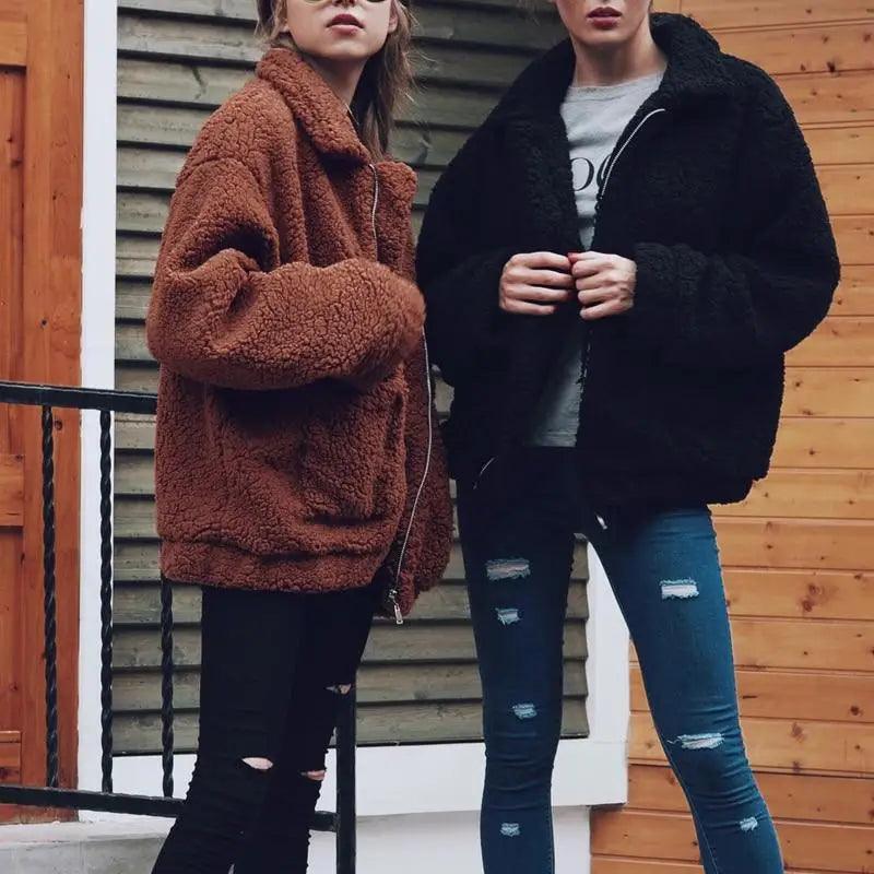 Stevvex teddy faux fur coats for women, brown and black plush with zip pockets, 2 coats on Tampa Home & Garden Store