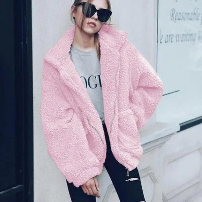 Faux fur teddy coat pink with zipper by Stevvex, oversized overcoat with pockets for women on Tampa Home & Garden Store