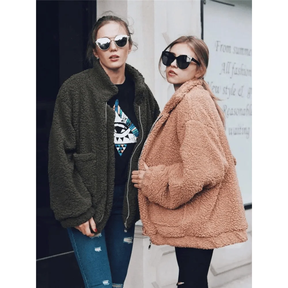 Stevvex teddy coat for women olive green and peach faux fur overcoats with zip pockets two on Tampa Home & Garden Store