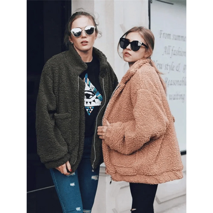 Stevvex teddy coat for women olive green and peach faux fur overcoats with zip pockets two on Tampa Home & Garden Store
