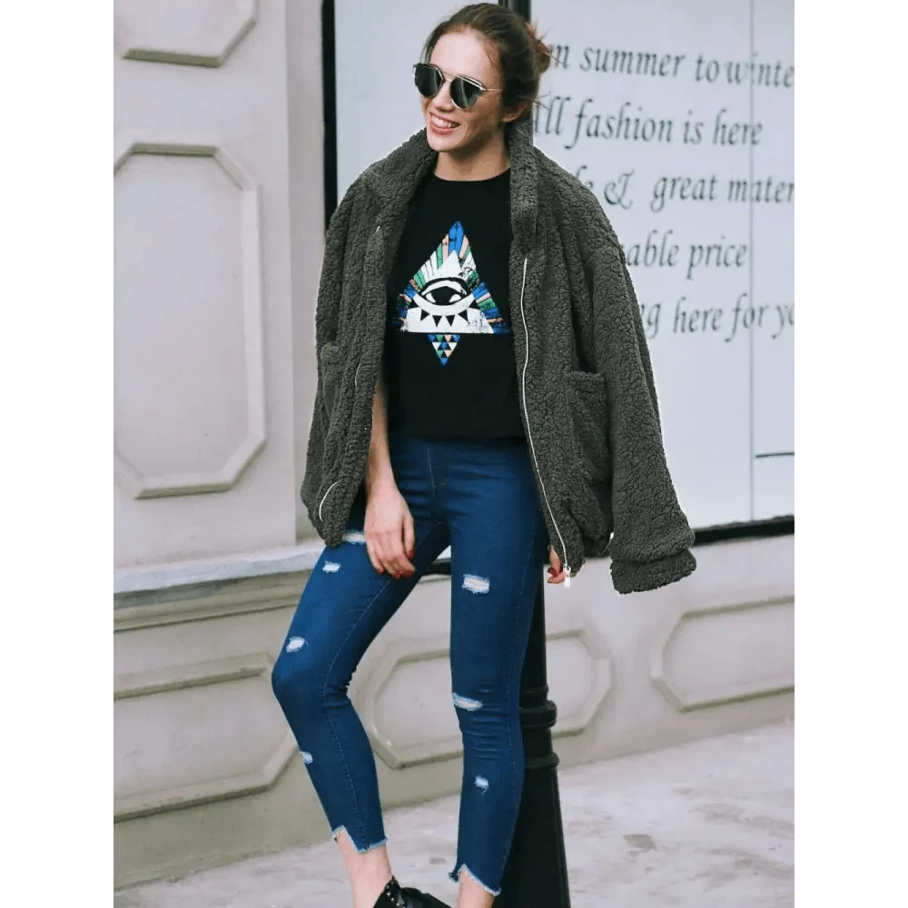 Stevvex faux fur teddy coat in charcoal grey with zip front and pockets on Tampa Home & Garden Store