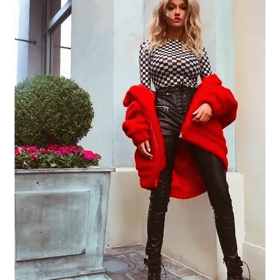 Stevvex red faux fur overcoat for women, plush teddy coat with zip pockets on Tampa Home & Garden Store
