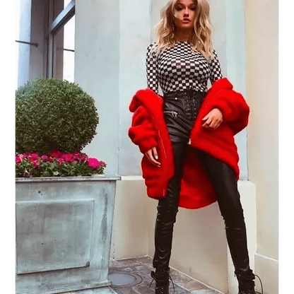 Stevvex red faux fur overcoat for women, plush teddy coat with zip pockets on Tampa Home & Garden Store